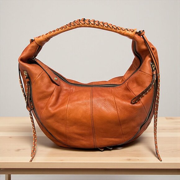 orYANY Jasmine Hobo Congac Pebbled Leather Shoulder Bag Slouchy Studded Tassels - Picture 12 of 12